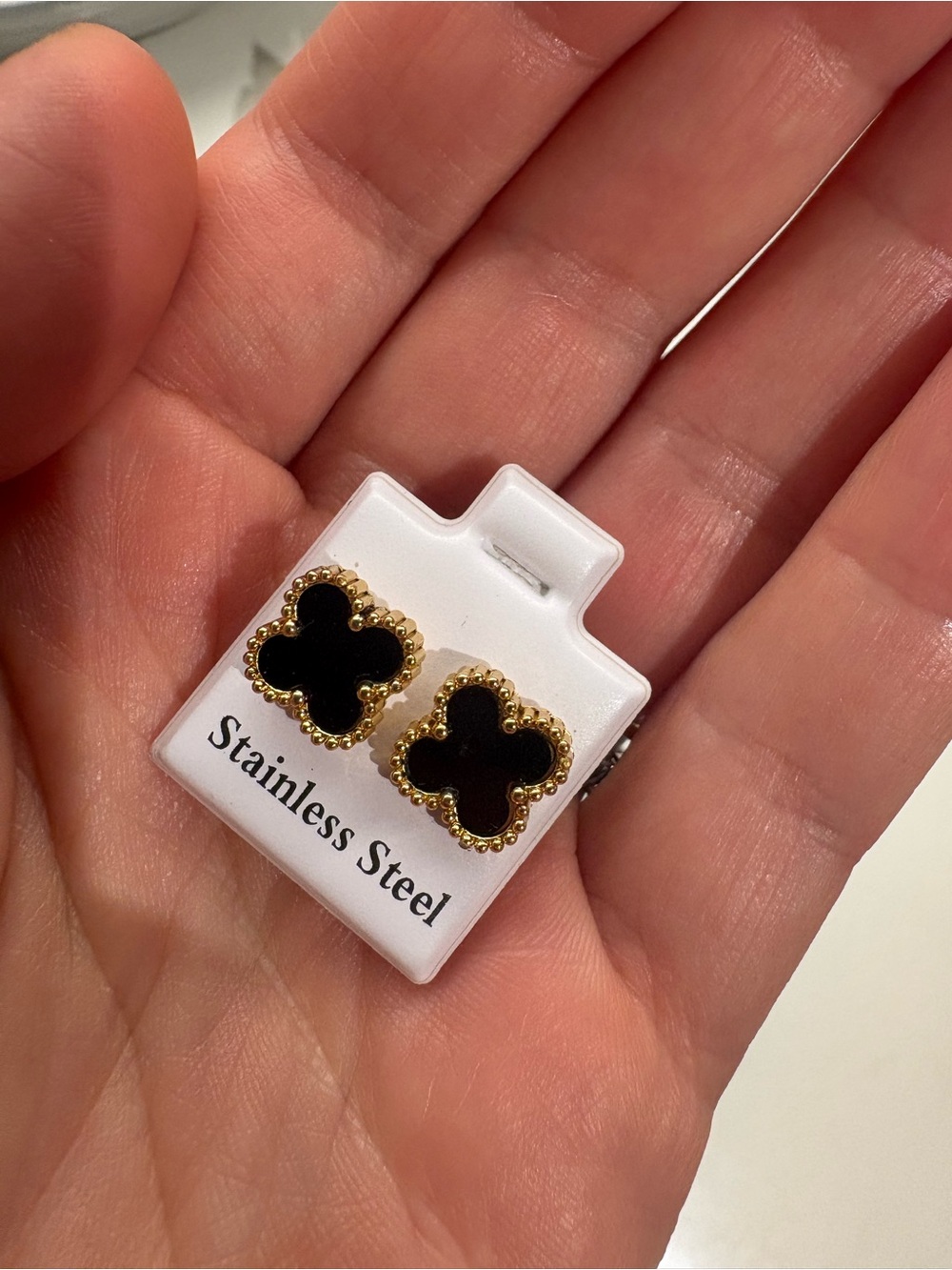 Gold-Trim Black Clover Stainless Steel Stud Earrings